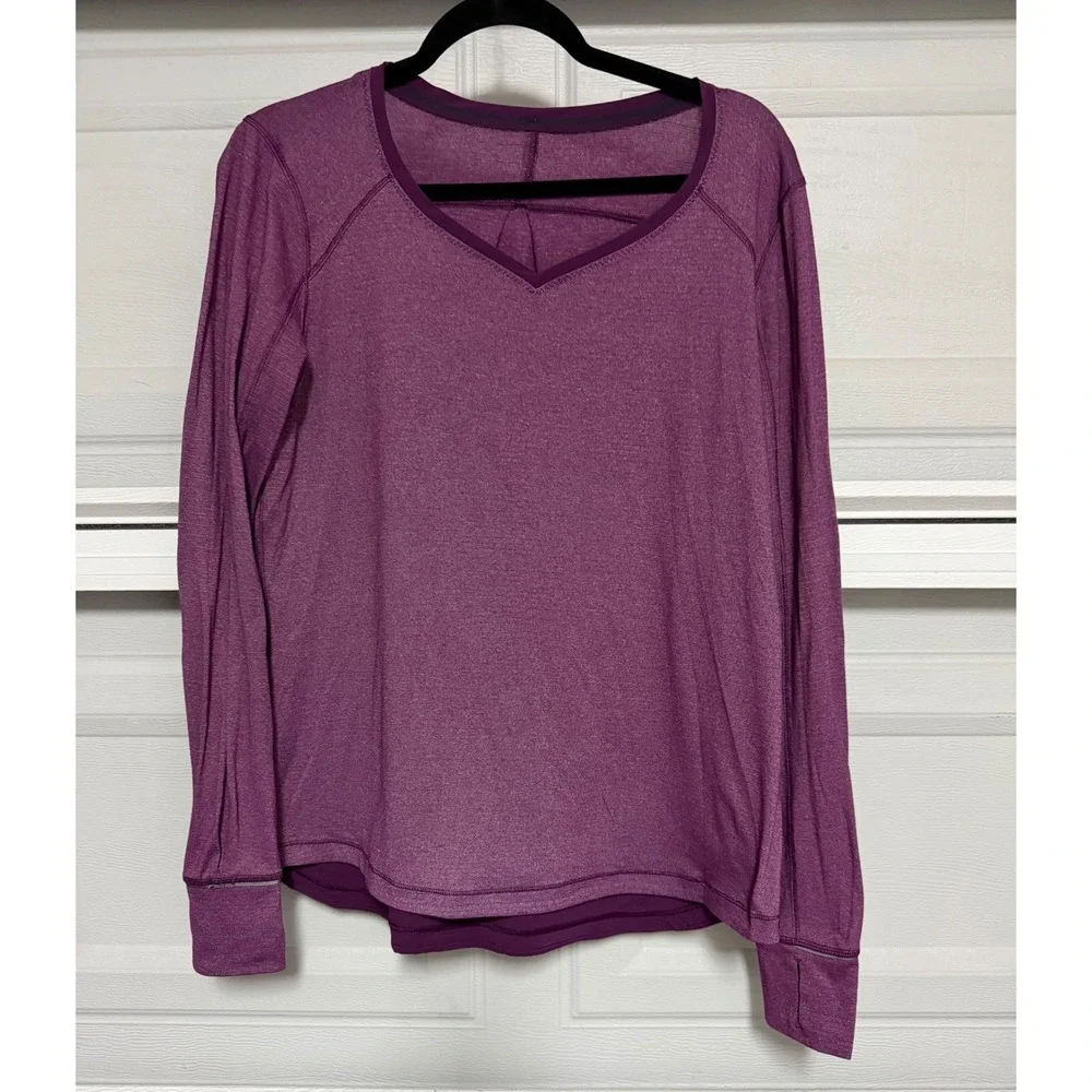 Lululemon Womens L Race Me Long Sleeve Top Heathered Plum V-Neck Athletic Yoga